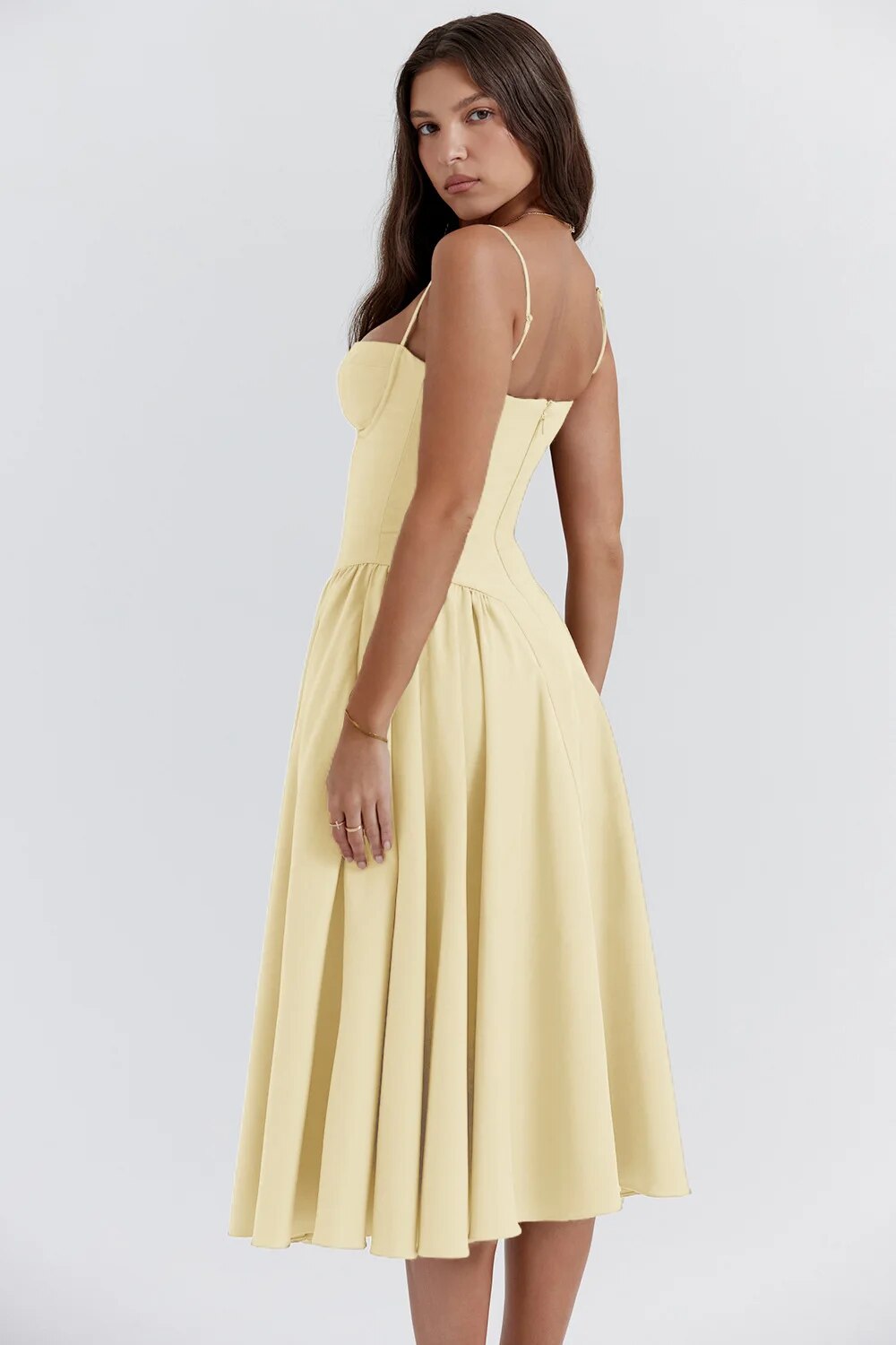Bustier Sweetheart Spaghetti Strap Drop Waist Fit and Flare Midi Dress