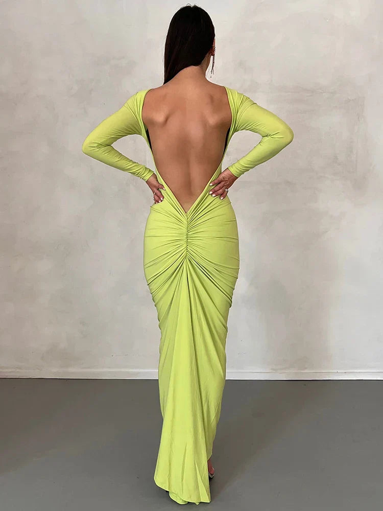 Long Sleeve Plunging Open Back Ruched Bodycon Maxi Dress