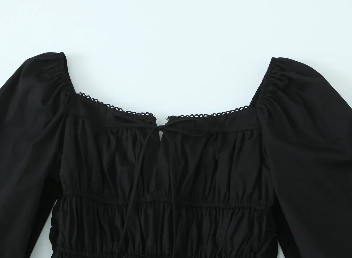 Square Neck Bow Tie Puff Sleeve Smocked Waist Mini Dress