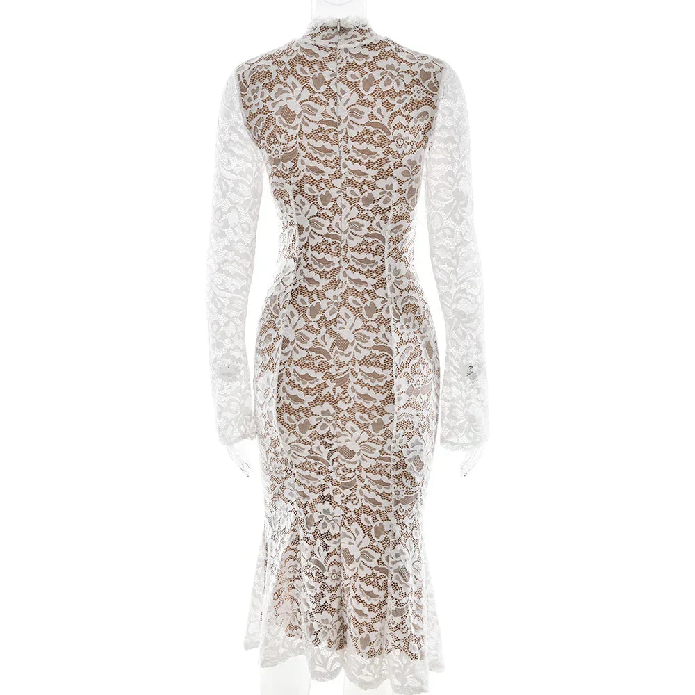 Floral Lace Mock Neck Long Sleeve Trumpet Hem Midi Dress