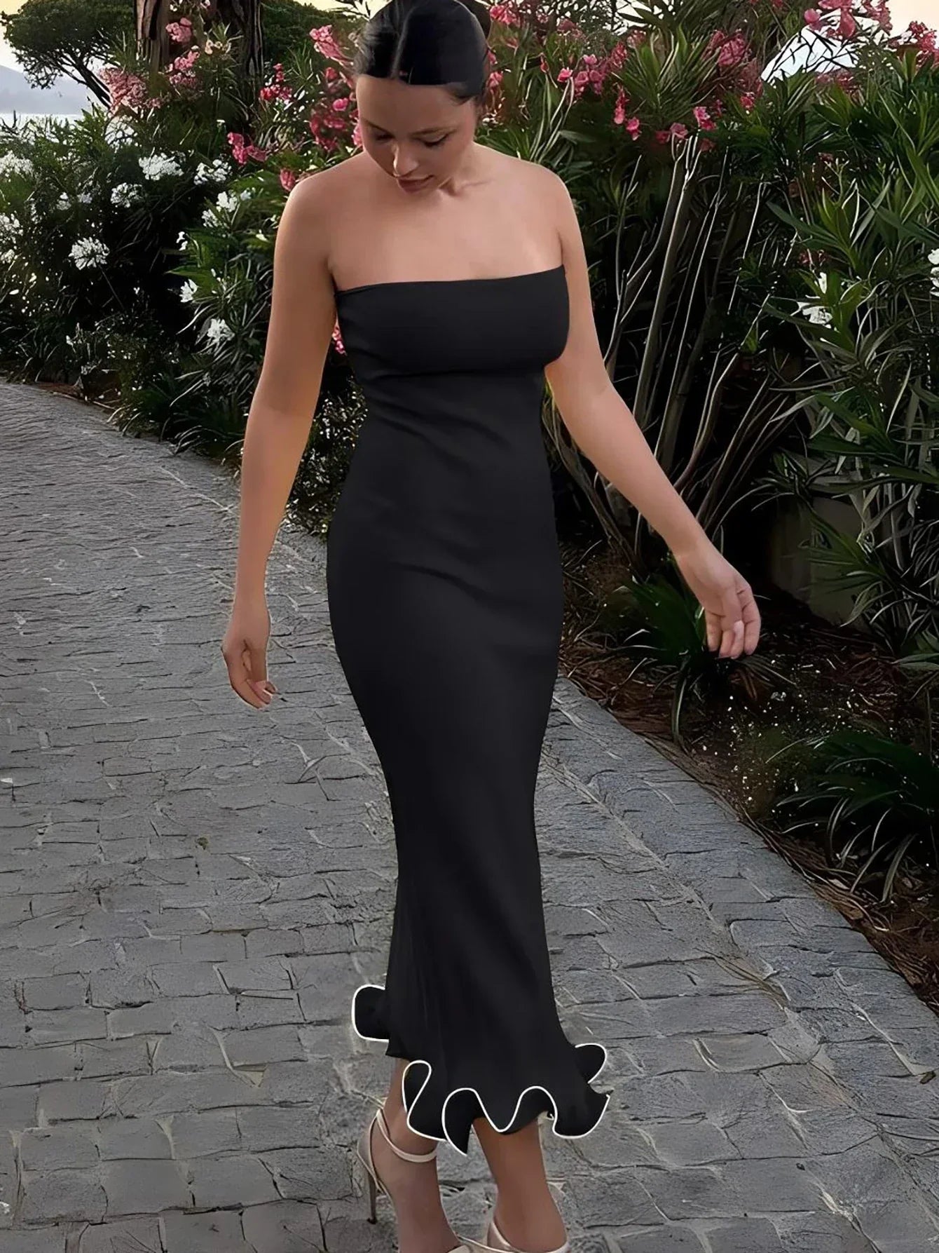 Strapless Tube Ruffle Hem Bodycon Midi Dress