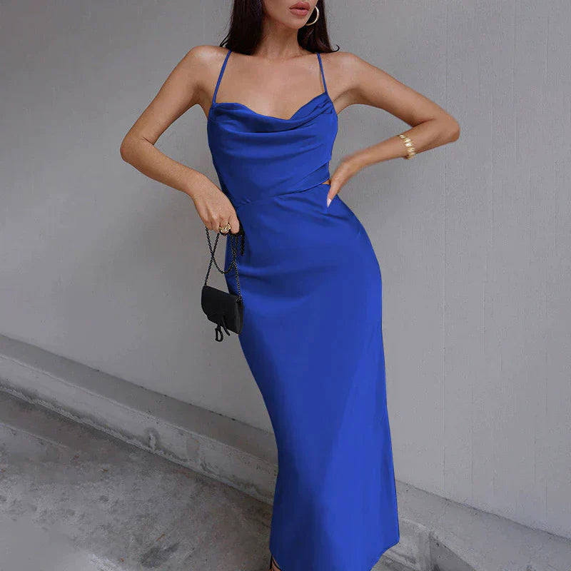 Satin Cowl Neck Spaghetti Strap Bodycon Slip Midi Dress