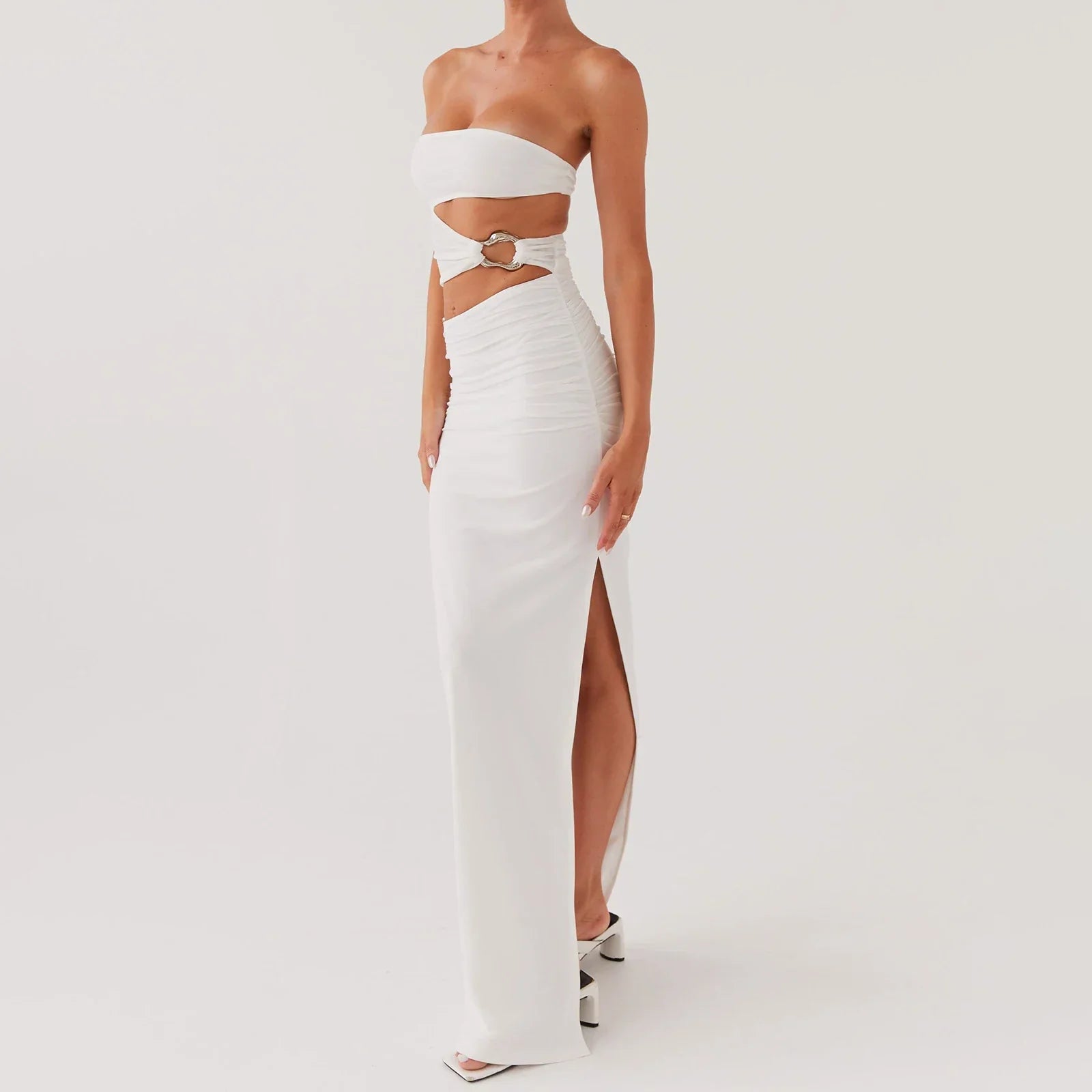 Strapless Ring Waist Cutout Ruched Hip High Slit Maxi Dress