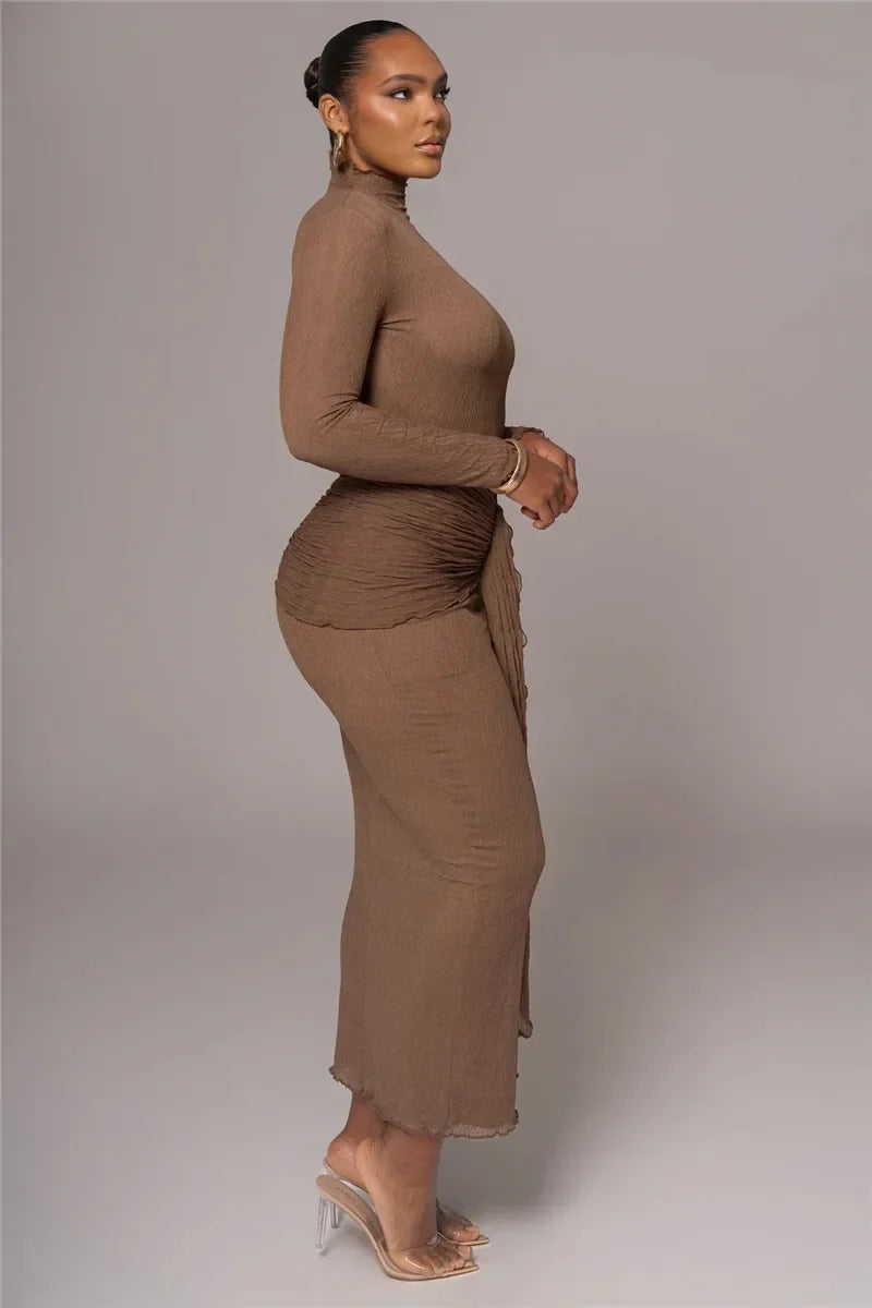 Mock Neck Long Sleeve Textured Knit Waist Tie Two Piece Set