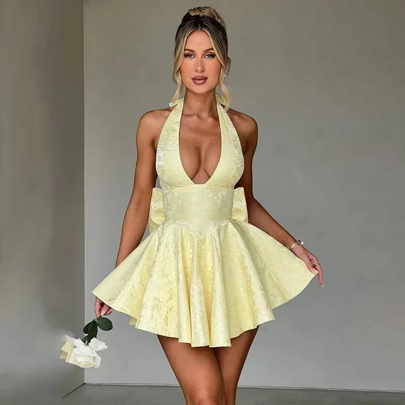 Jacquard Strapless Bow Back Fit and Flare Mini Dress