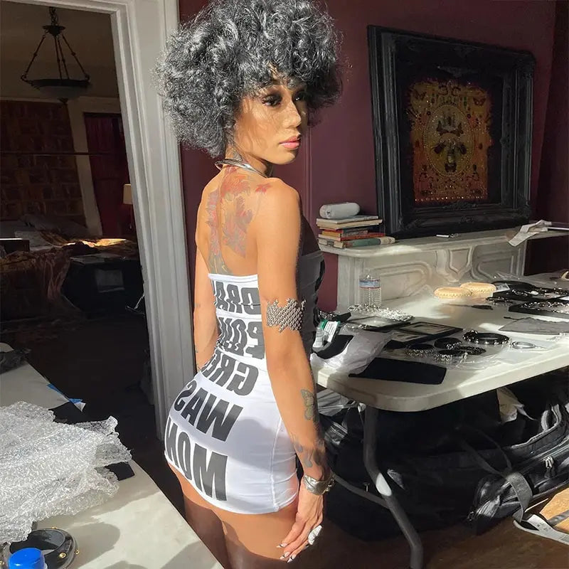 Graphic Text Print Strapless Bodycon Mini Dress
