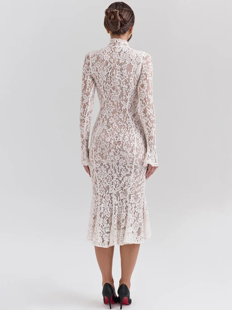 Floral Lace High Neck Long Sleeve Bodycon Midi Dress
