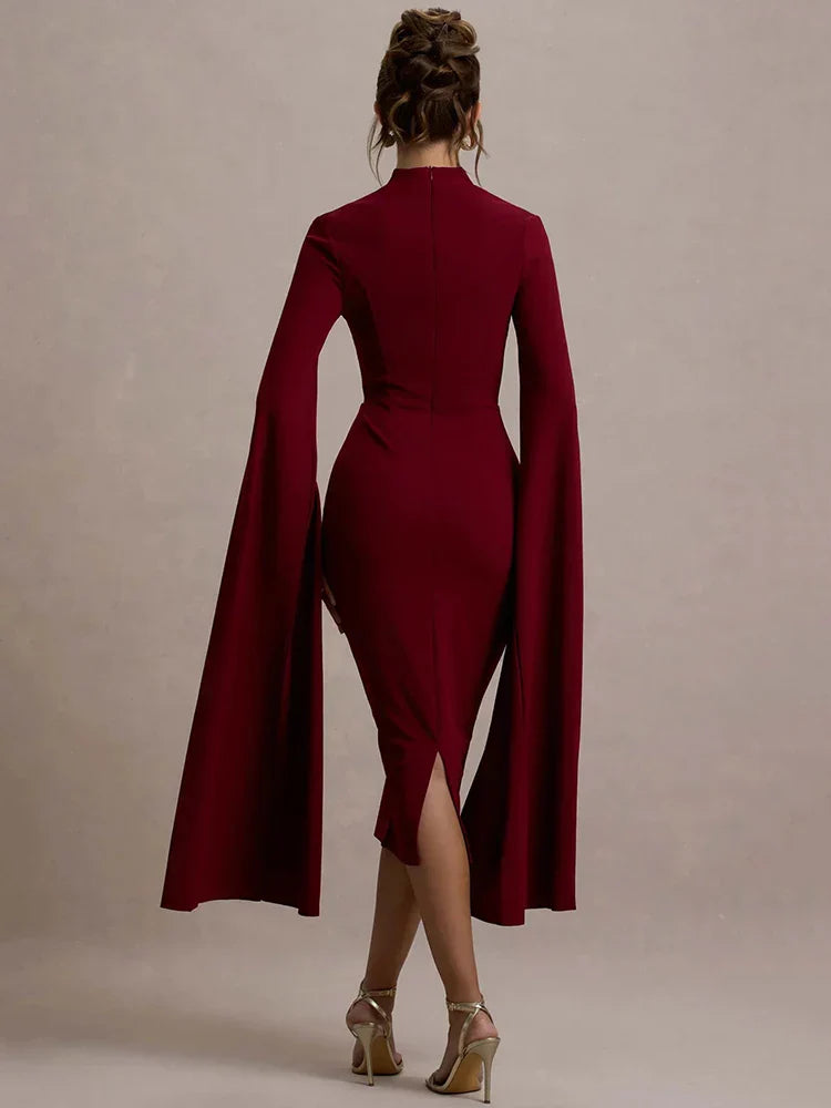 High Neck Cut Out Cape Sleeve Back Slit Bodycon Midi Dress