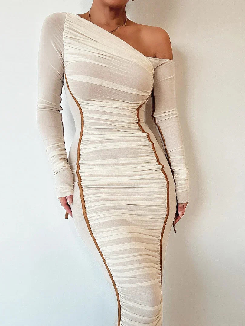 One Shoulder Ruched Mesh Contrast Piping Maxi Dress
