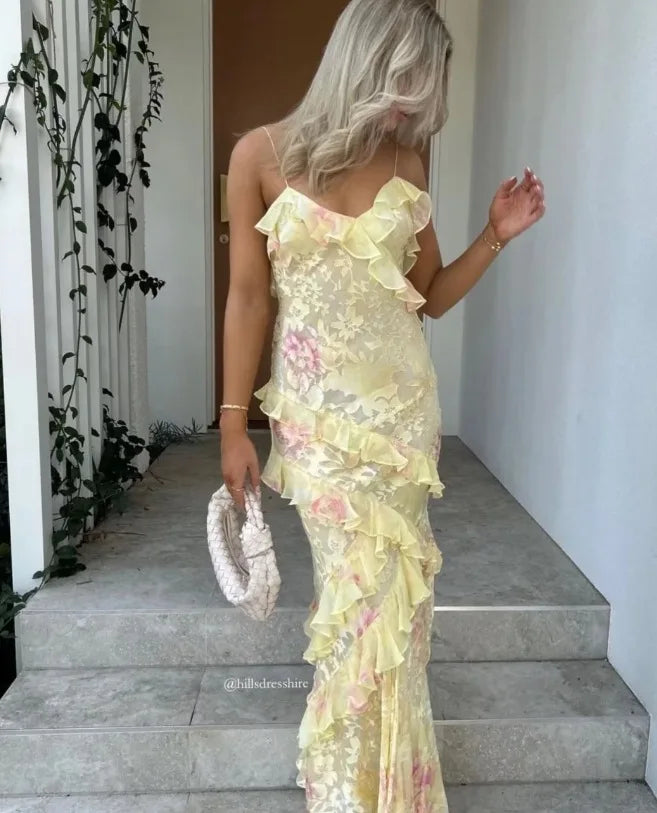 Watercolor Floral Print Ruffle Tier Spaghetti Strap Maxi Dress