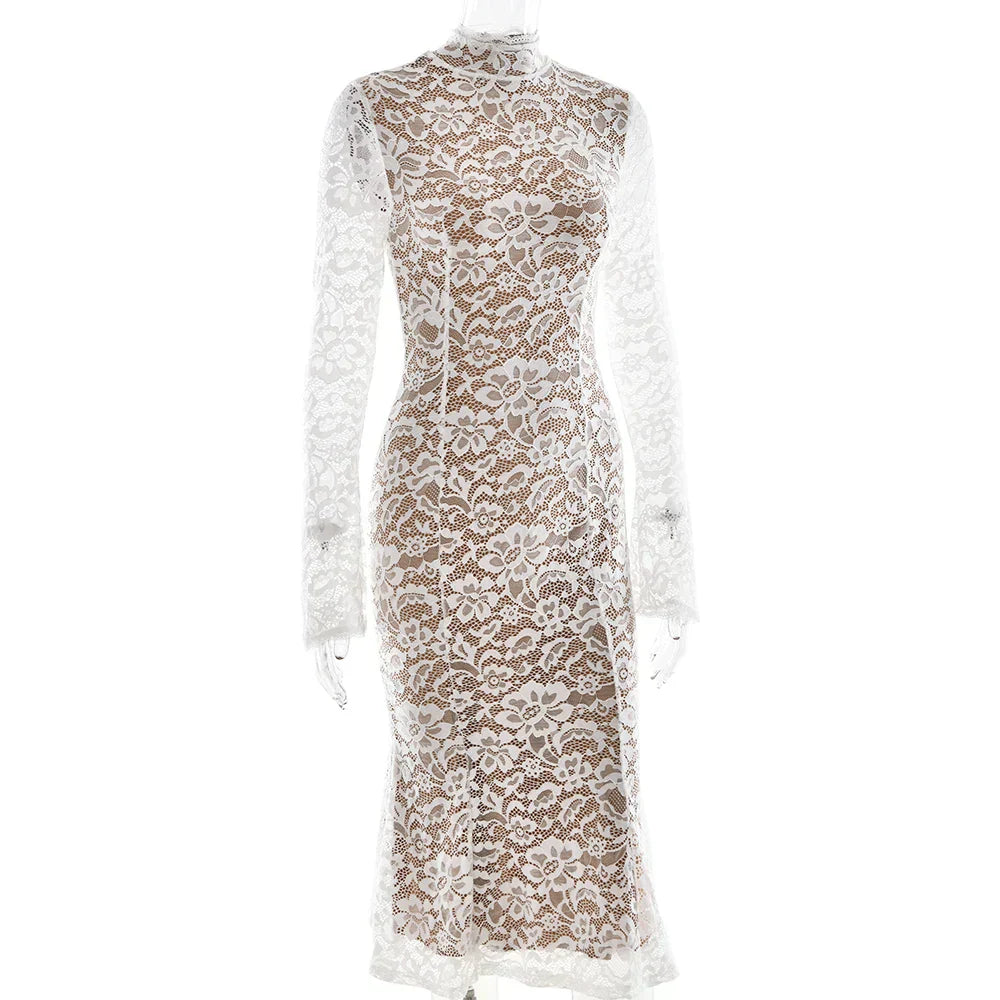 Floral Lace Mock Neck Long Sleeve Trumpet Hem Midi Dress