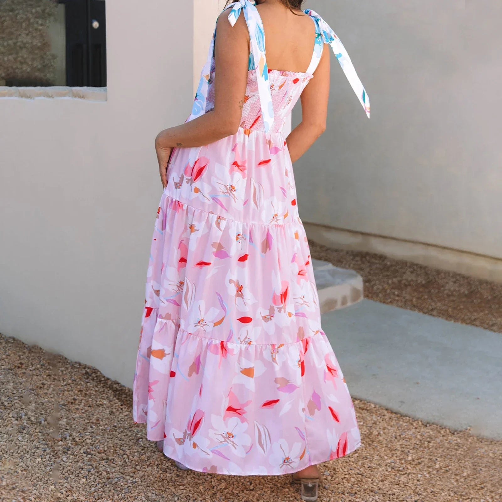 Smocked Square Neck Tie Strap Tiered Floral Maxi Dress