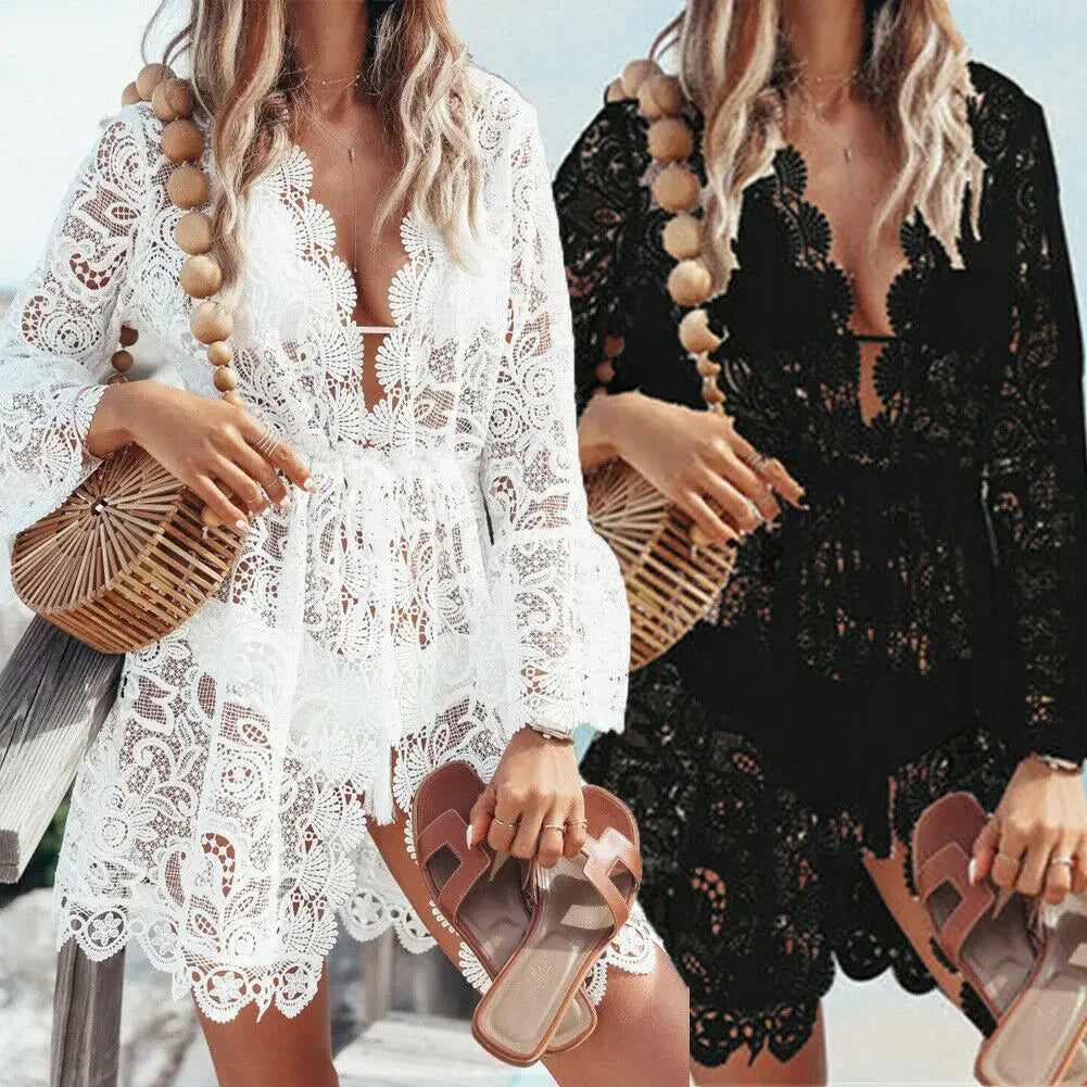 Lace Crochet V-Neck Bell Sleeve Scalloped Hem Hollow Out Beach Mini Dress