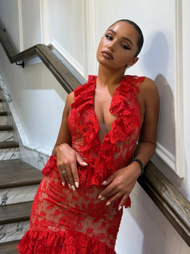 Floral Lace Halter Deep V-Neck Peplum Tiered Ruffle Midi Dress