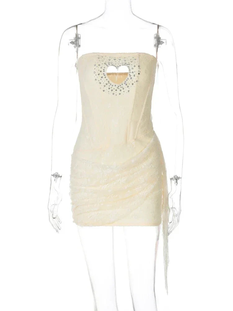 Lace Heart Cutout Rhinestone Trim Strapless Corset Mini Dress