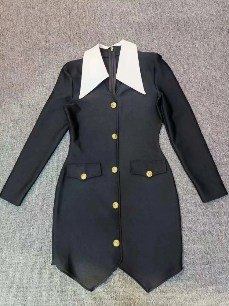 Contrast Collar Metal Button Flap Pocket Blazer Mini Dress