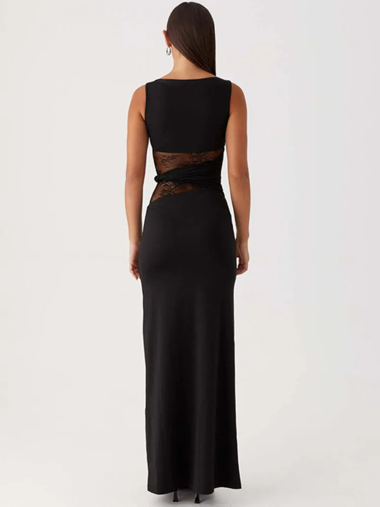 One Shoulder Lace Panel Waist Cutout Bodycon Maxi Dress