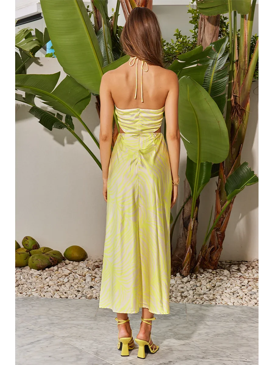Floral Print Halter Ring Neck Side Waist Cutout Column Midi Dress