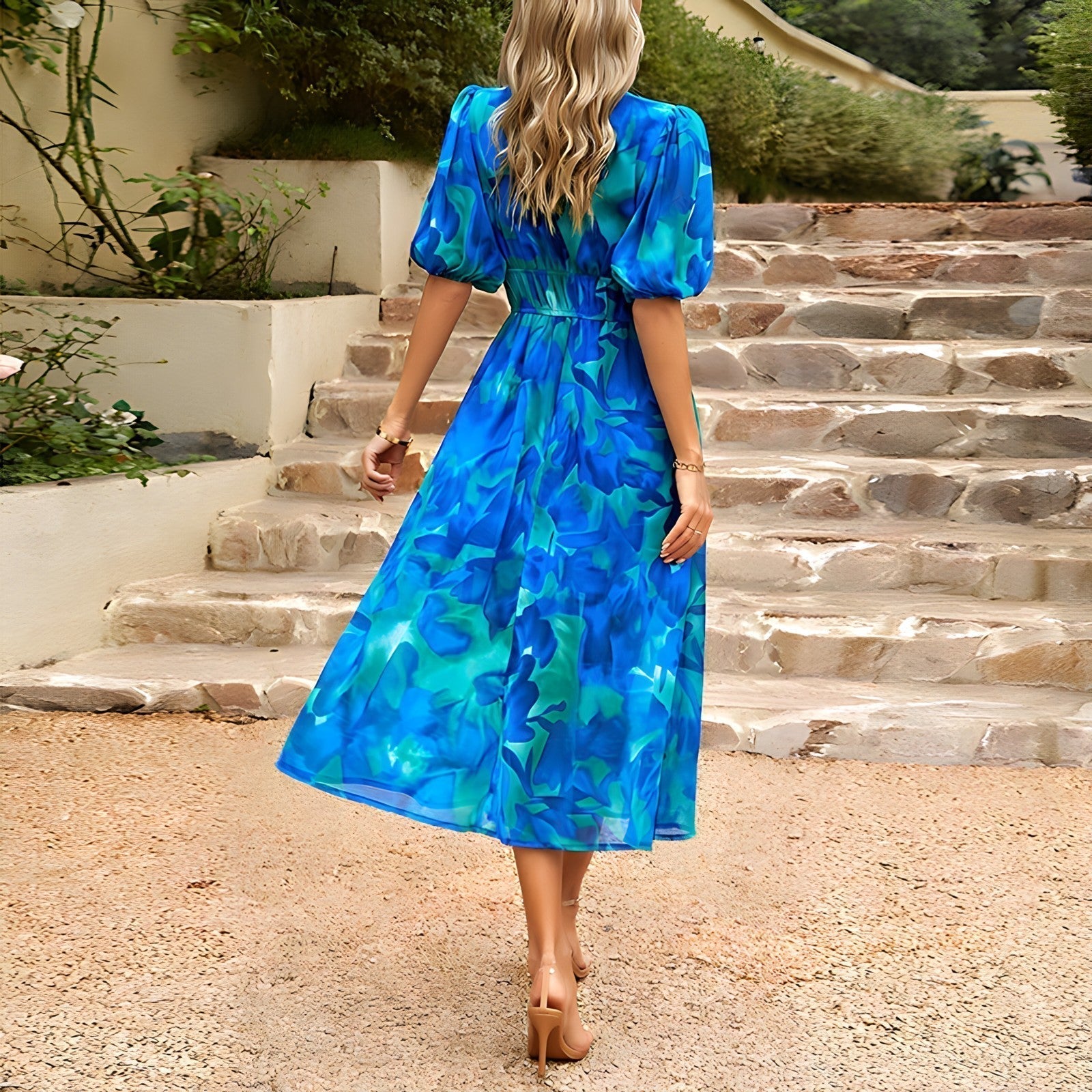 Abstract Floral Print V-Neck Puff Sleeve Smocked Waist Flare Midi Dress