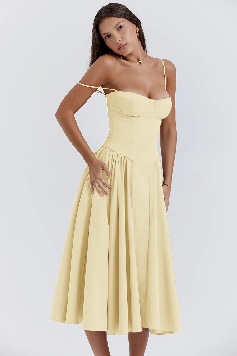 Bustier Sweetheart Spaghetti Strap Drop Waist Fit and Flare Midi Dress