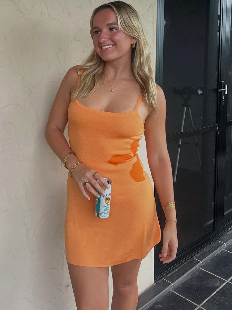Knit Scoop Neck Spaghetti Strap Abstract Print Bodycon Mini Dress