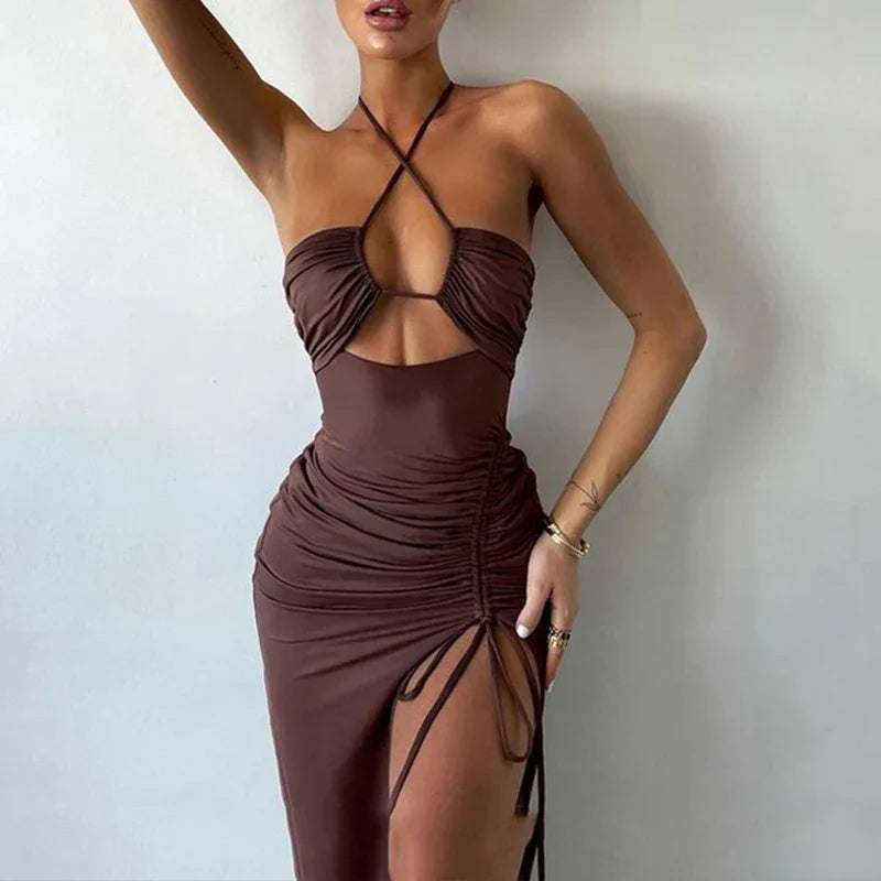 Halter Lace Up Cut Out Ruched Side Slit Bodycon Midi Dress