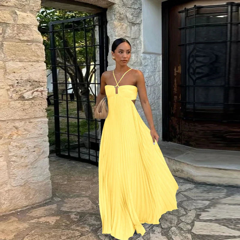 Halter Criss Cross Keyhole Pleated Tiered Ruffle Hem Maxi Dress