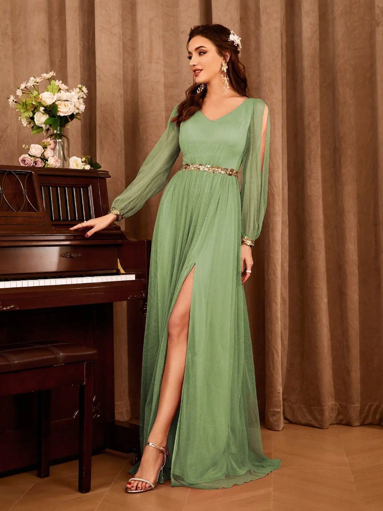 Cold Shoulder Bishop Sleeve Sequin Waist High Slit Chiffon Maxi Gown
