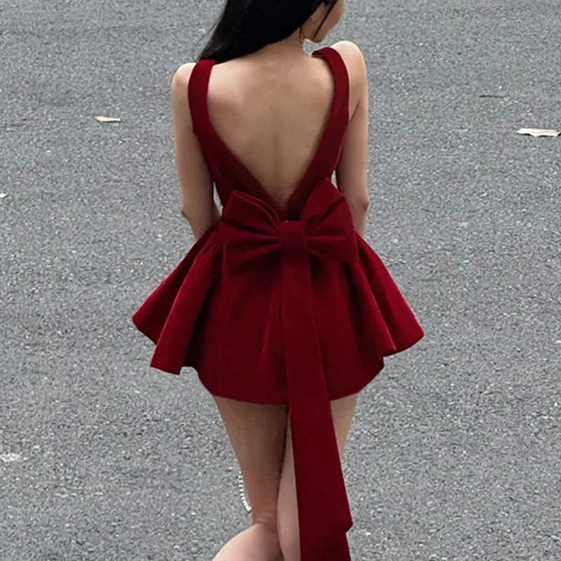 Spaghetti Strap Open Back Oversized Bow Flared Mini Dress