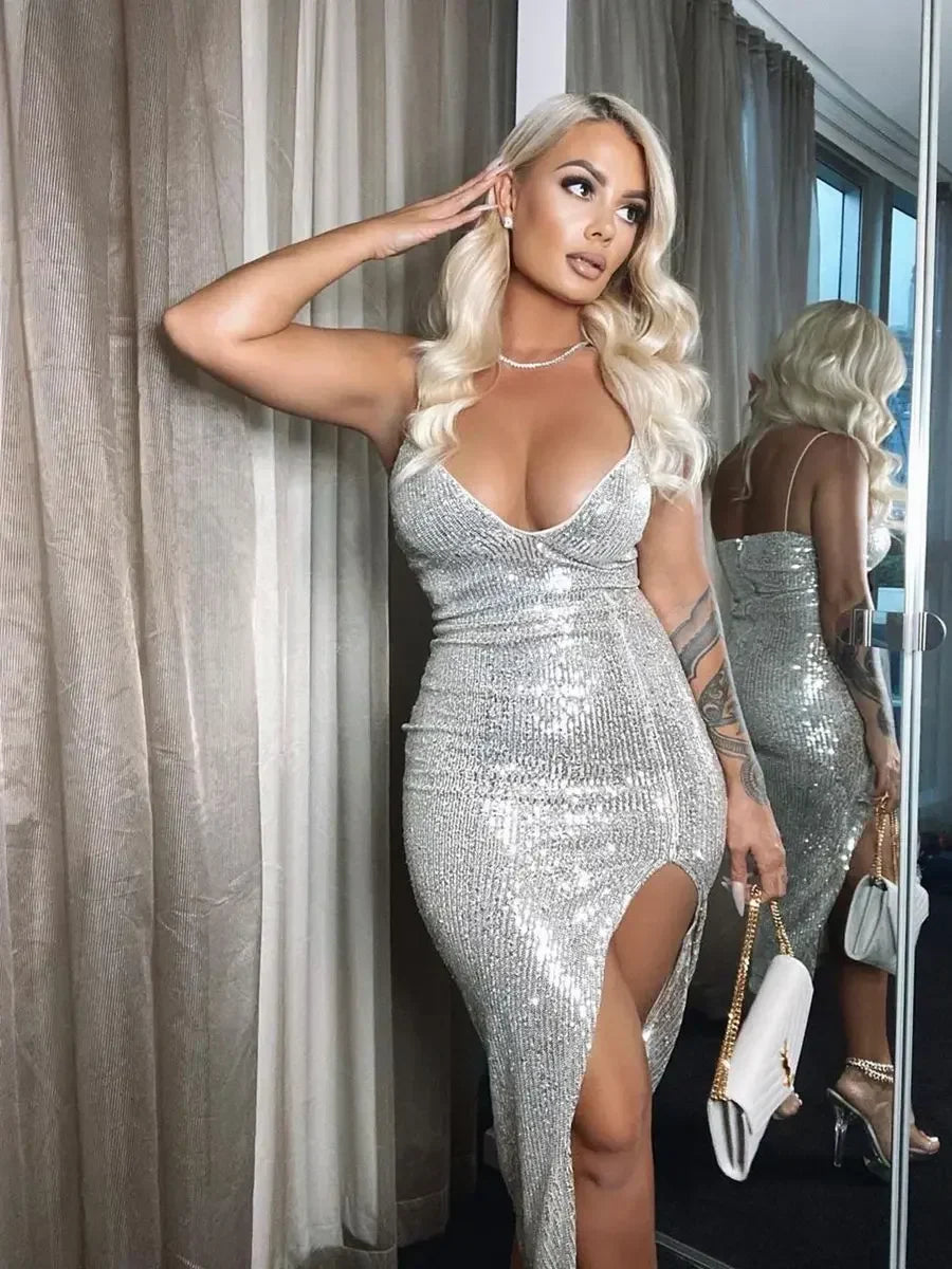 Sequin Plunge V-Neck Spaghetti Strap Side Slit Bodycon Midi Dress