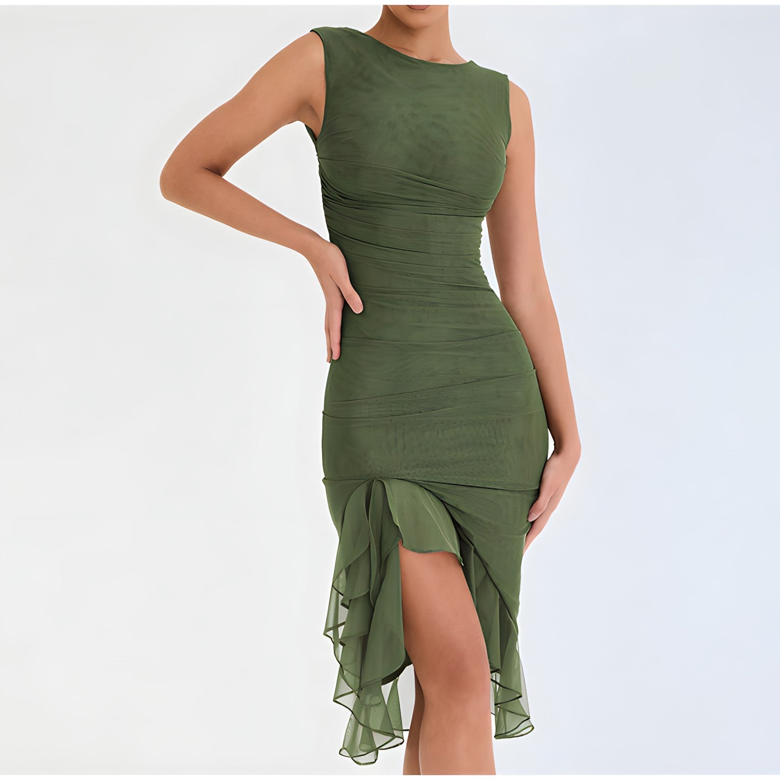 Sleeveless Round Neck Ruched Tiered Ruffle Hem High Split Midi Dress