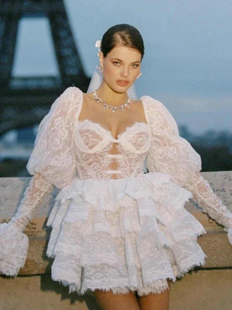 Floral Lace Corset Bustier Puff Sleeve Tiered Ruffle Mini Dress