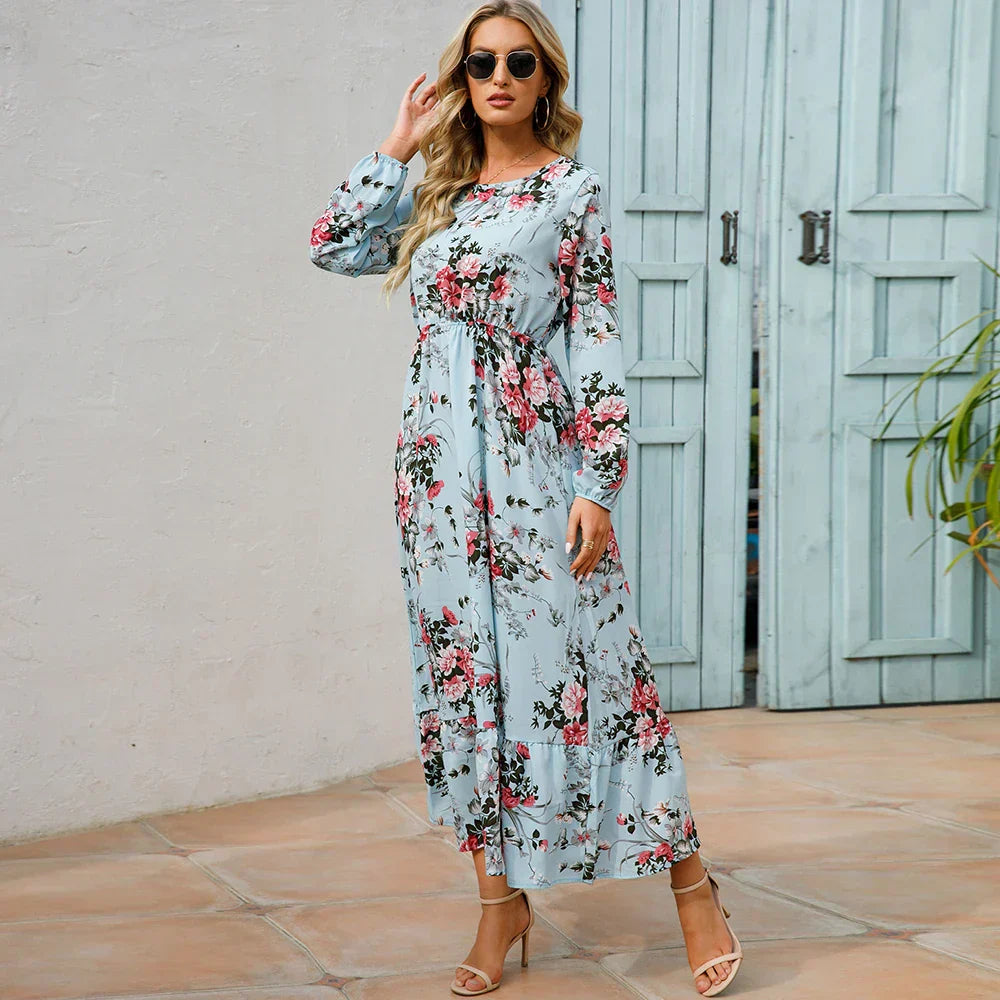 Ditsy Floral Crew Neck Lantern Sleeve Smocked Waist Ruffle Hem Maxi Dress
