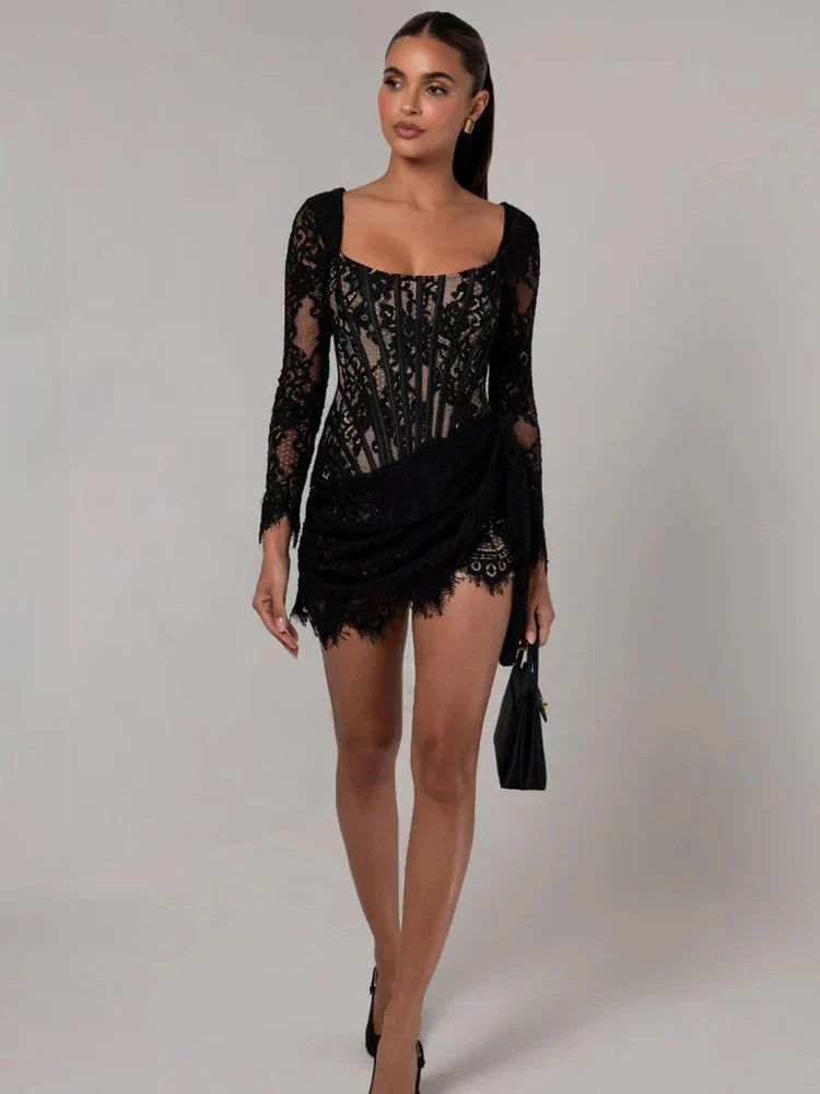 Square Neck Lace Corset Long Sleeve Ruched Scalloped Hem Mini Dress