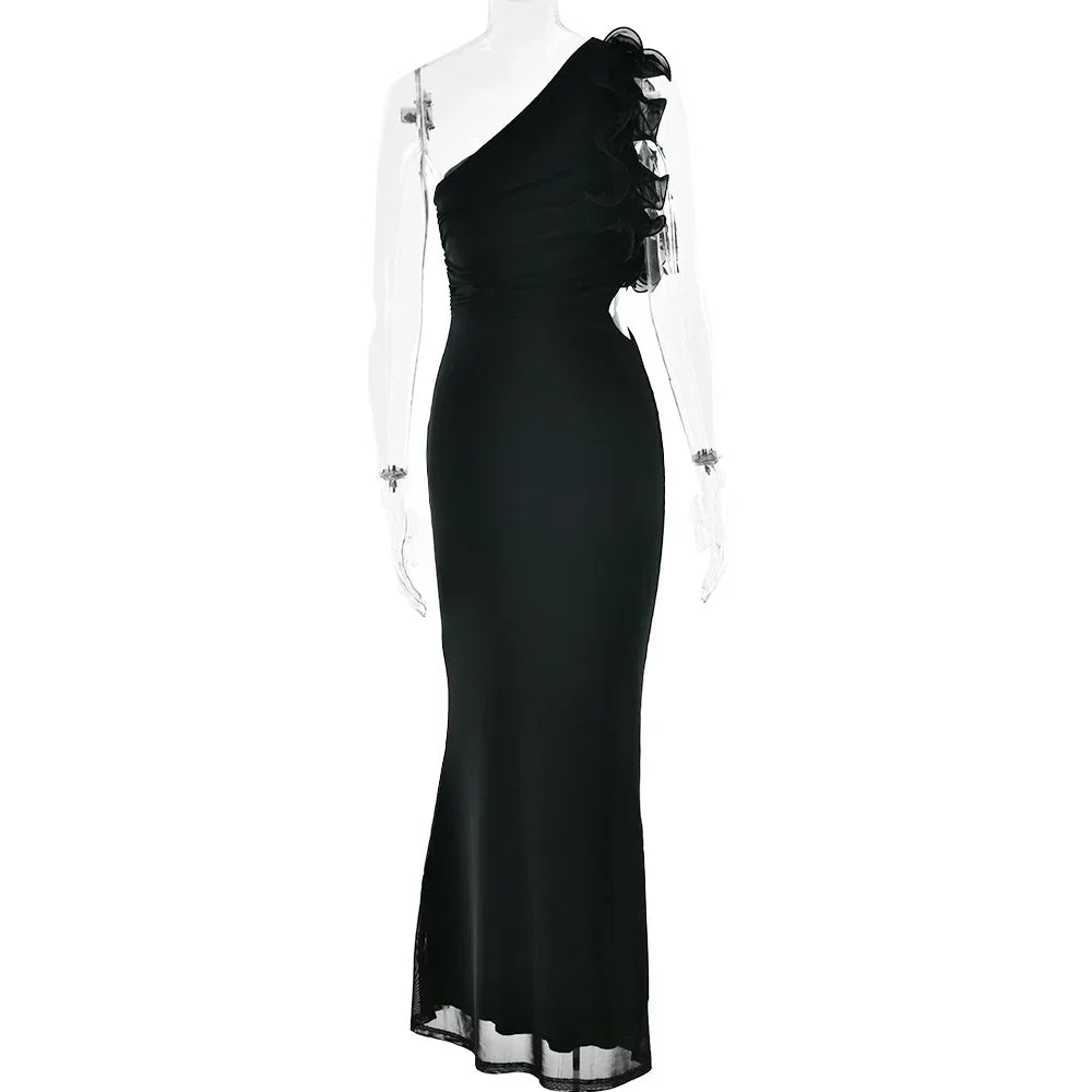 One-Shoulder Floral Ruffle Strap Ruched Side Cutout Mermaid Maxi Dress