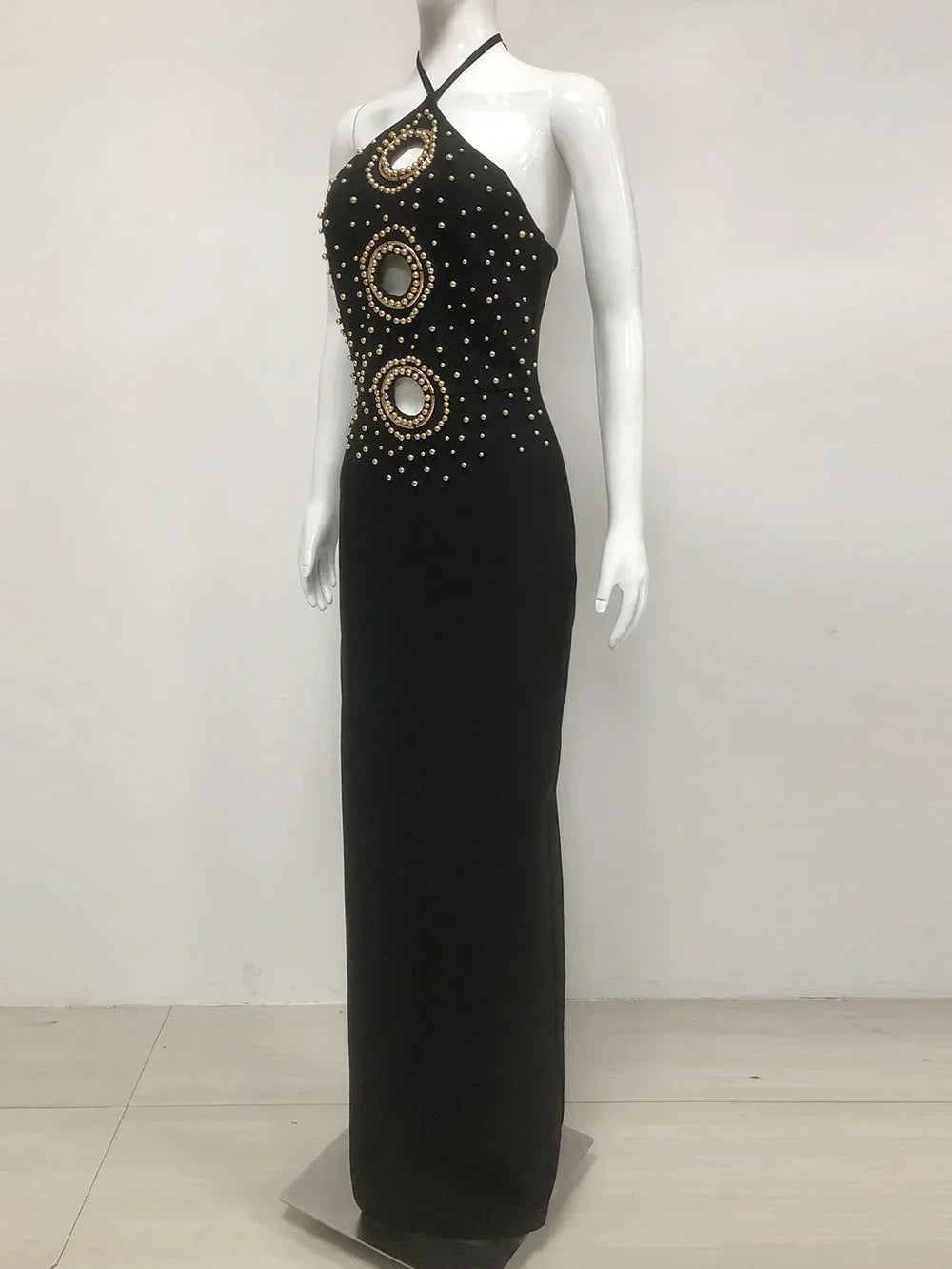 Halter Ring Cut Out Studded Thigh Slit Backless Maxi Gown