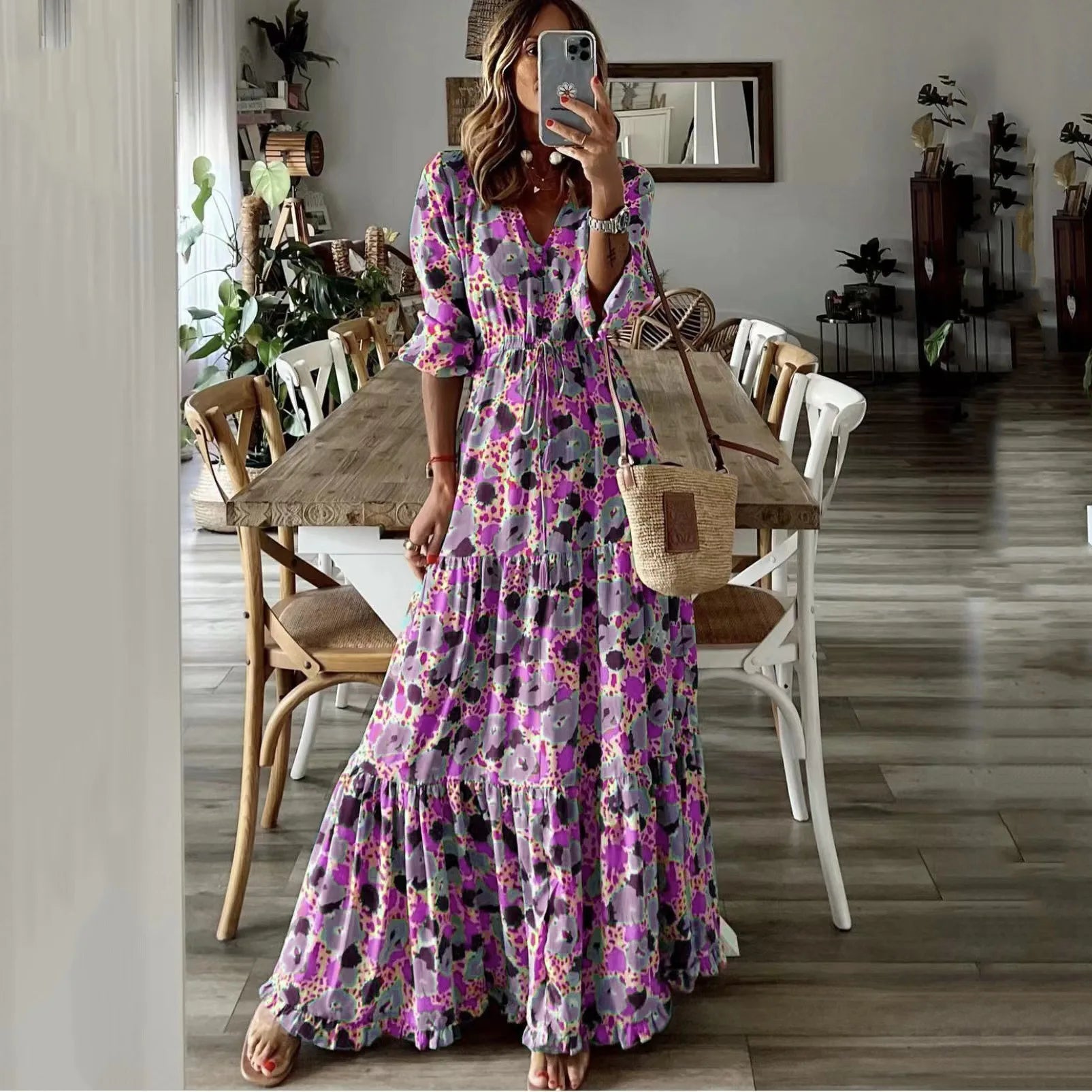 Deep V-Neck Drawstring Waist Tiered Ruffle Abstract Print Maxi Dress