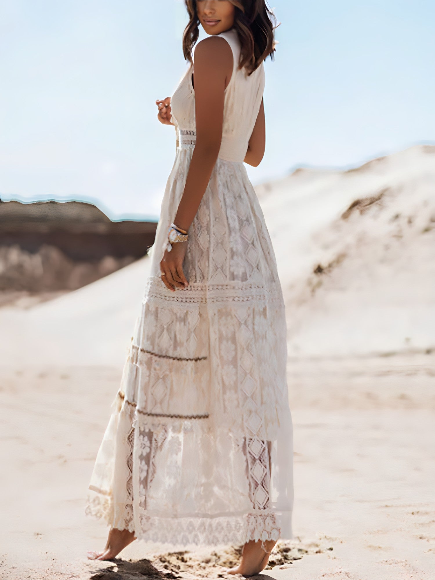 Crochet Lace Tiered Scalloped Hem Side Slit Maxi Dress