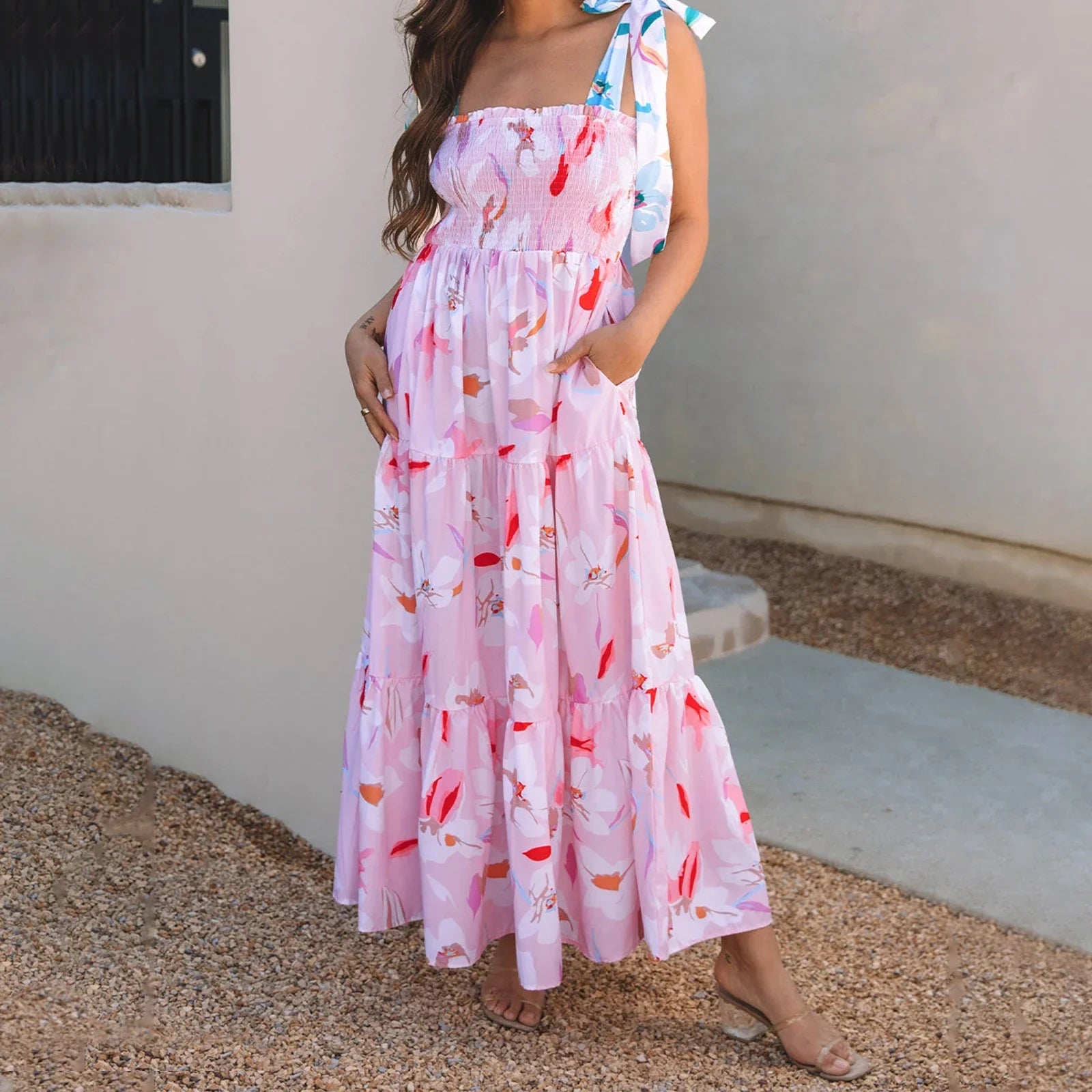 Smocked Square Neck Tie Strap Tiered Floral Maxi Dress