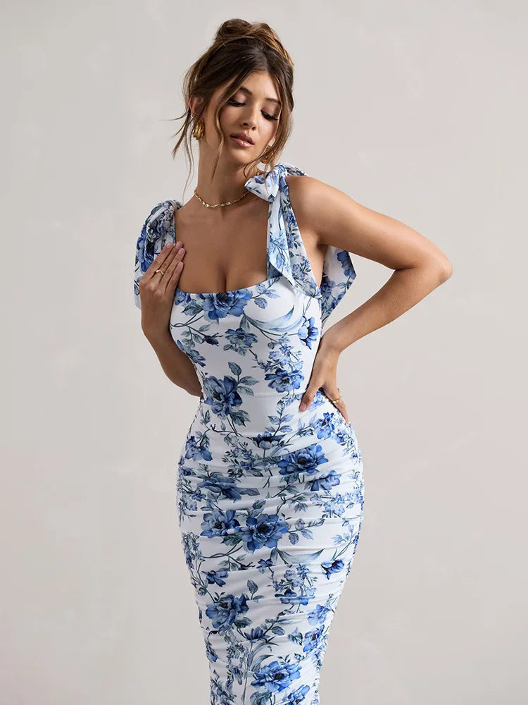 Floral Print Square Neck Tie Shoulder Strap All-Over Ruched Bodycon Midi Dress