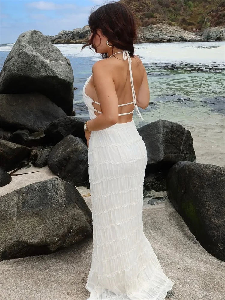 Plissé Halter Neck Tiered Lace Trim Bodycon Maxi Dress
