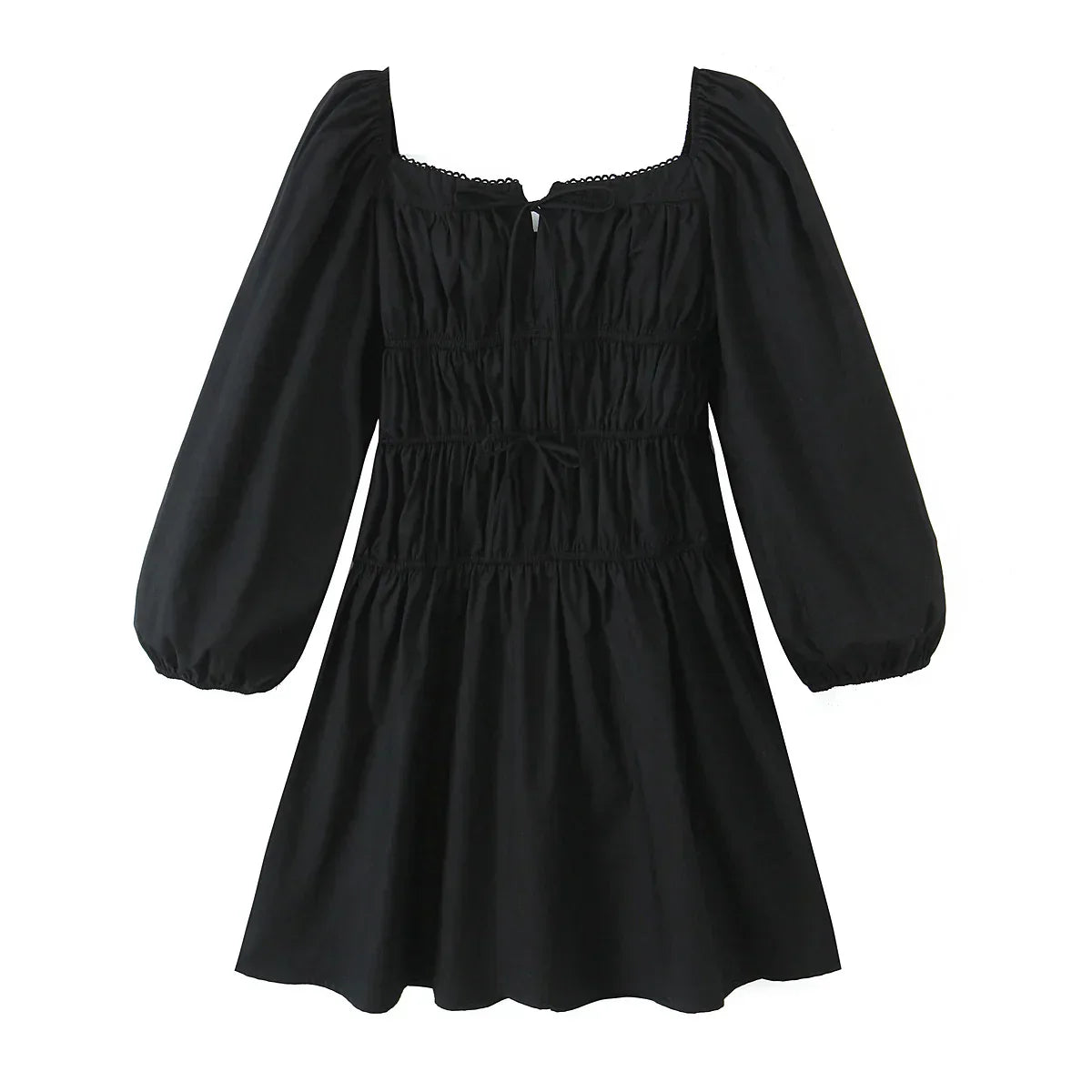 Square Neck Bow Tie Puff Sleeve Smocked Waist Mini Dress