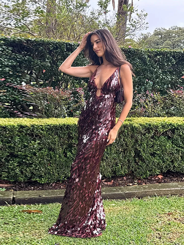 Scale Sequin Deep V Keyhole Bust Camisole Bodycon Maxi Dress