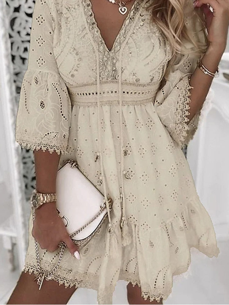 Sequin Embellished Eyelet Embroidery V-Neck Bell Sleeve Empire Waist Mini Dress