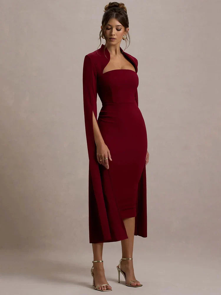 High Neck Cut Out Cape Sleeve Back Slit Bodycon Midi Dress