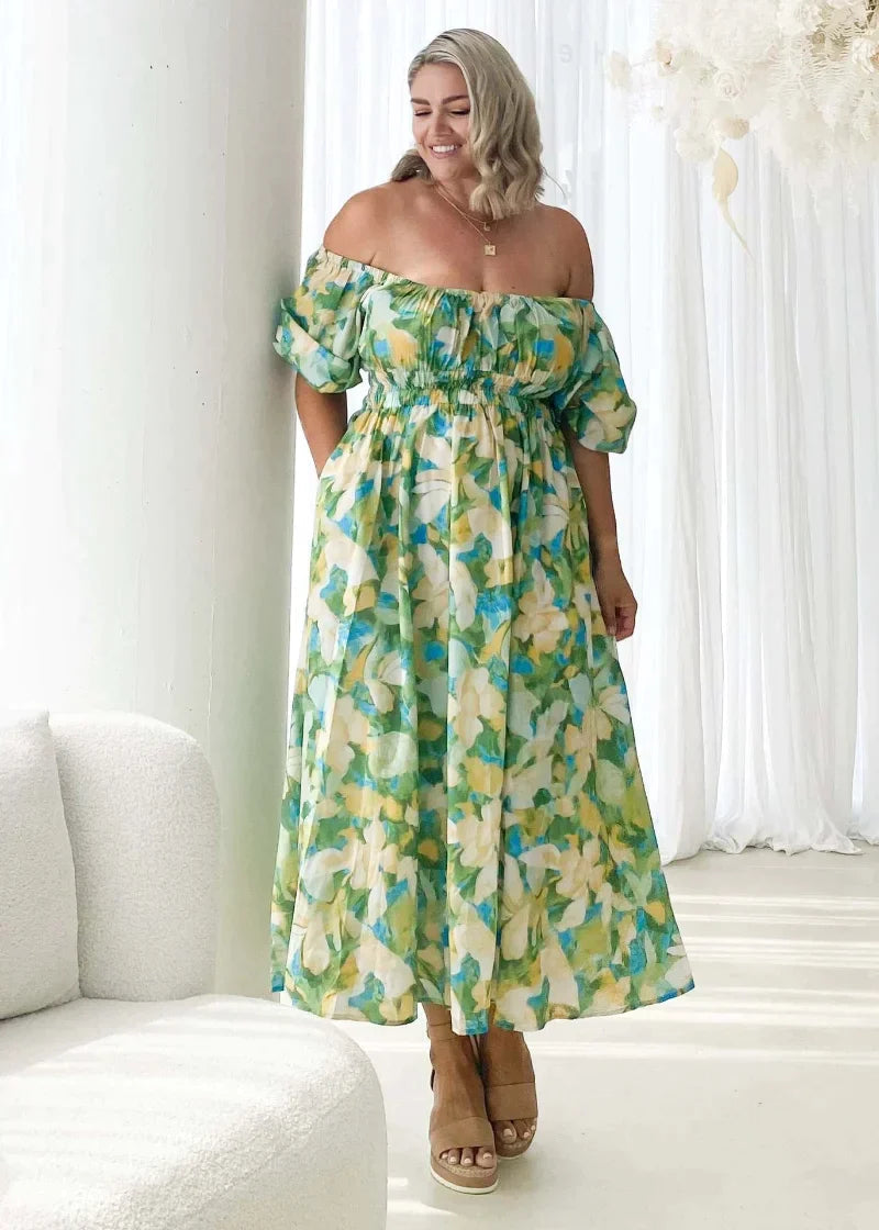 Off Shoulder Puff Sleeve Smocked Waist Floral Print Pocket Midi Dress