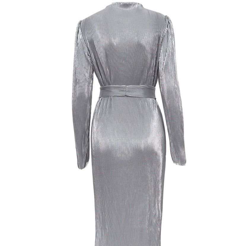 Metallic Ribbed Pleated Long Sleeve Tie Waist Side Slit Midi Dress