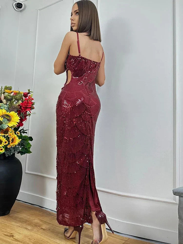 Beaded Scallop Pattern Waist Cutout Sweetheart Mermaid Maxi Gown