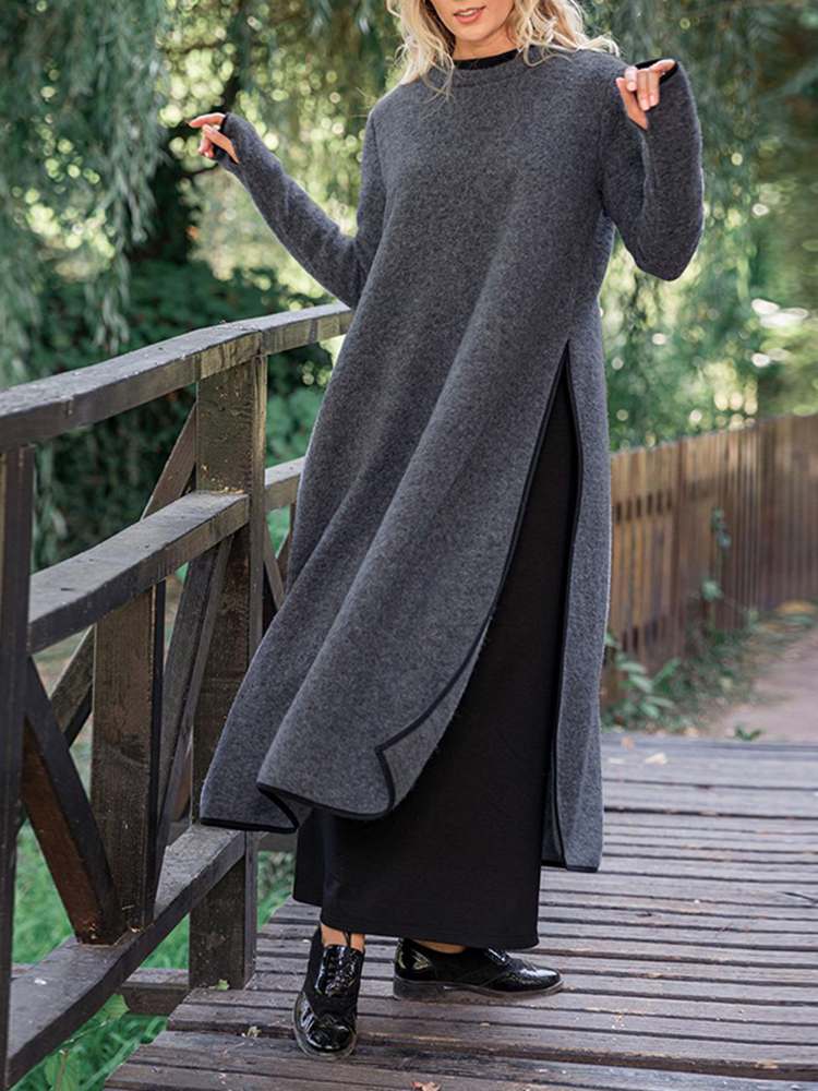 Knit Mock Neck Long Sleeve High Side Slit Oversized Maxi Sweater Dress