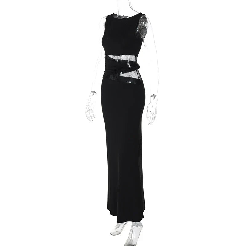 One Shoulder Lace Panel Waist Cutout Bodycon Maxi Dress